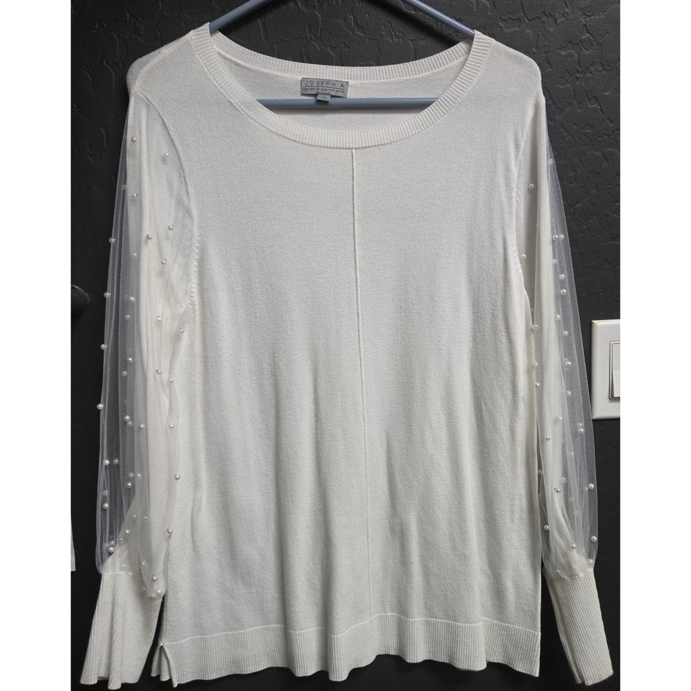 Joseph A Womens Cream Pearl Embellished Sheer Mesh Sleeve Knit Sweater Large